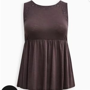 TORRID Babydoll Feather Soft Slub Crewneck Embroidered Tie Back Top